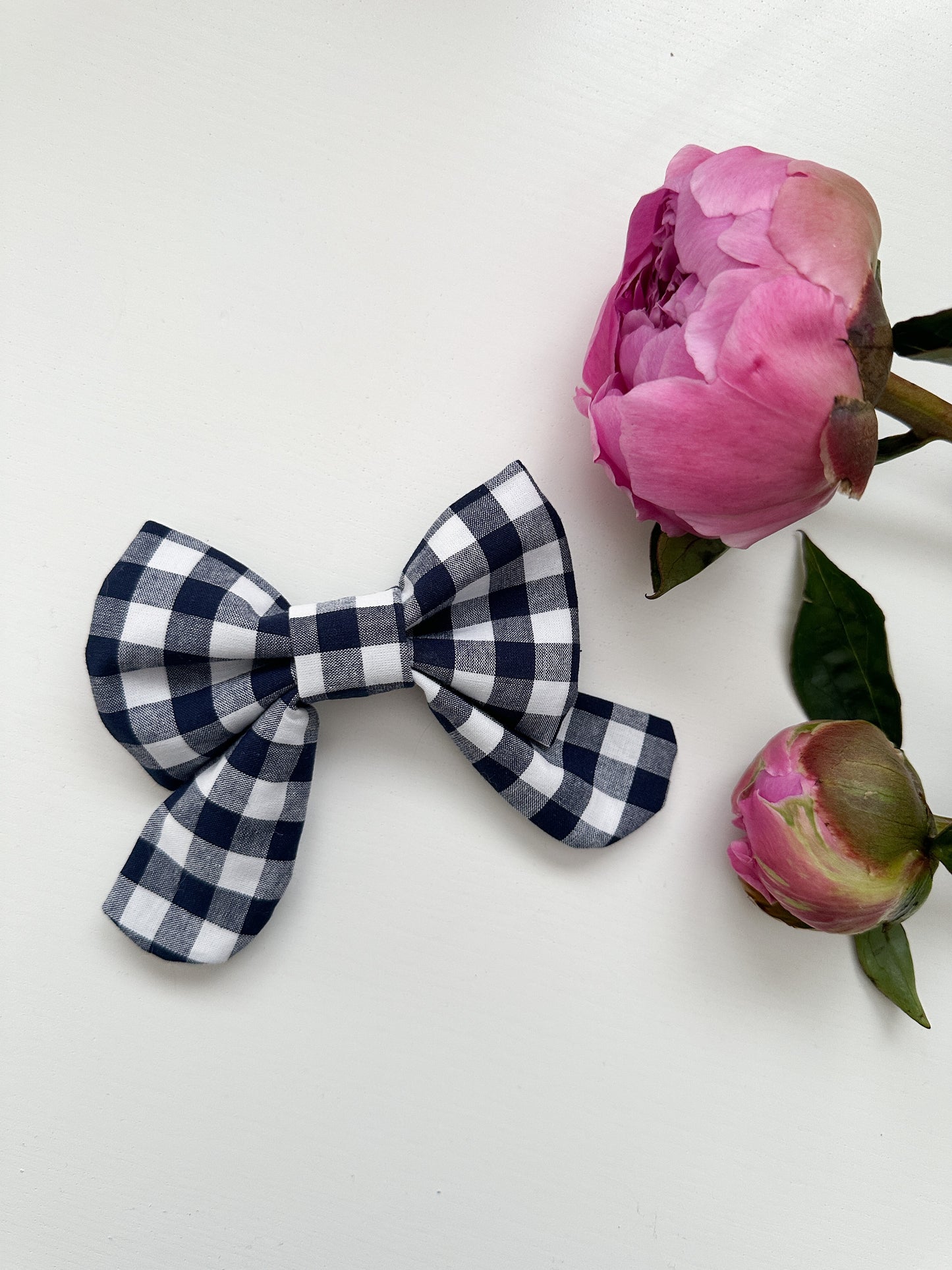 Elastic Backing Dog Sailor Bow - Navy Gingham