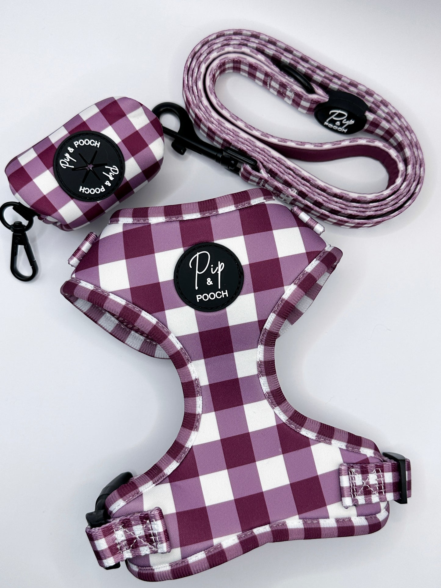 Purple Gingham Dog Harness Set